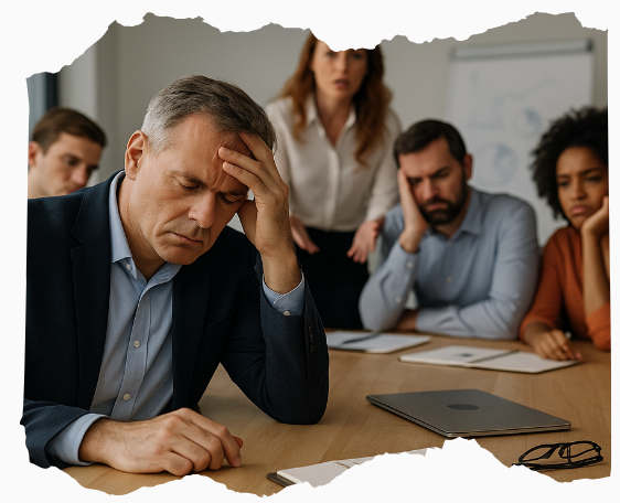 Ermüdete Mitarbeitende und ein überforderter Entscheider in einer angespannten Besprechungssituation – ein Sinnbild dafür, was passiert, wenn Unternehmen versäumen, Arbeitsplätze gesund gestalten.