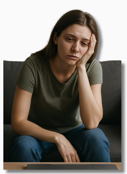 Eine erschöpfte Frau sitzt antriebslos auf dem Sofa und stützt den Kopf in die Hand – das Bild steht sinnbildlich für die Suche nach Hilfe bei mangelnder Motivation und emotionaler Erschöpfung im Alltag.