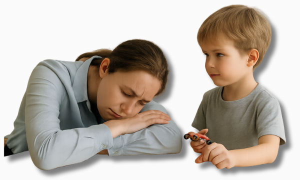 Eine berufstätige Mutter liegt erschöpft mit dem Oberkörper auf dem Küchentisch, während ihr etwa sechsjähriger Sohn daneben steht und sie spielerisch mit einem kleinen Rennauto anspricht – ein stilles Sinnbild für die Herausforderung, die Work-Life-Balance für berufstätige Eltern täglich bedeutet.