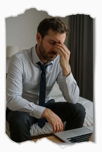 Ein erschöpfter Mann sitzt im Business-Outfit auf dem Bett, bedeckt das Gesicht mit der Hand – das Bild verdeutlicht die Folgen von Selbstaufopferung am Arbeitsplatz und den Verlust gesunder Grenzen