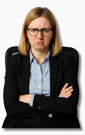 Frustrierte Büroangestellte mit blonden Haaren und Brille sitzt auf einem unergonomischen Bürostuhl und blickt genervt in die Kamera. Eine eindrückliche Darstellung für fehlende Ergonomie im Unternehmen.