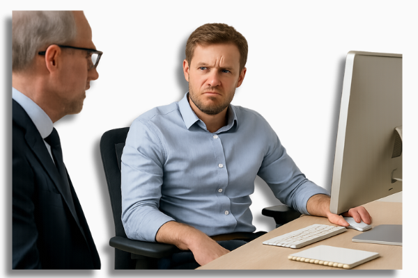 Ein fotorealistisches Bild zeigt einen jungen Büroangestellten mit genervtem Gesichtsausdruck, der auf einem offensichtlich unbequemen Bürostuhl sitzt und seinen Chef missbilligend anschaut – ein Sinnbild für typische Ursachen für Rückenschmerzen im Job.