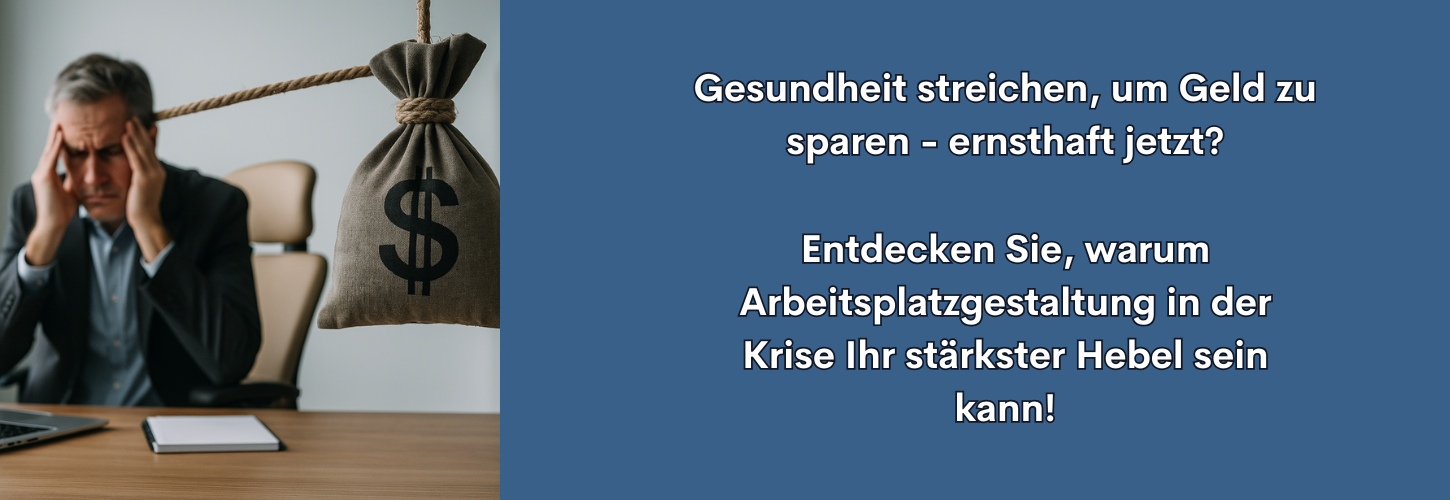 Gestresster Mann am Schreibtisch mit Geldsack im Hintergrund als Symbolbild für finanzielle Belastung bei der Arbeitsplatzgestaltung in der Krise.