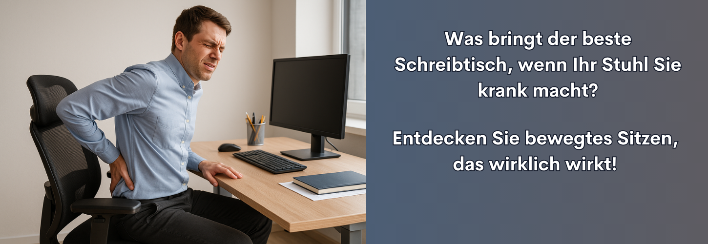 Header - Bewegtes Sitzen fürs Büro: Mann mit Rückenschmerzen am Arbeitsplatz durch falsche Sitzhaltung trotz ergonomischem Bürostuhl.