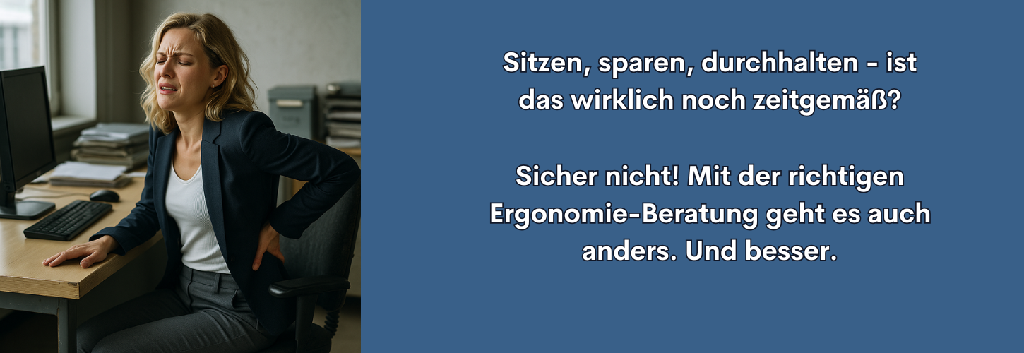 Junge Frau mit Rückenschmerzen an einem veralteten Arbeitsplatz in einer Behörde. Symbolbild für die Notwendigkeit einer Ergonomie Beratung für Behörden.