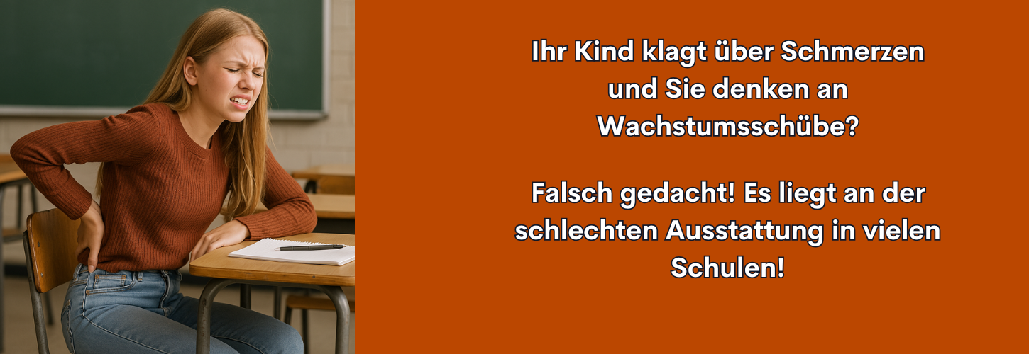 Mädchen mit Rückenschmerzen sitzt auf einem ungeeigneten Schulstuhl in einem Klassenzimmer, ein deutliches Beispiel für fehlende Ergonomie in der Schule.