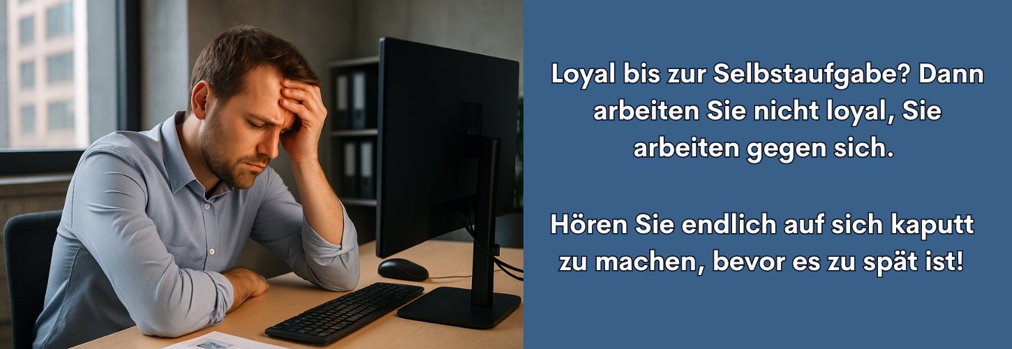 Ein erschöpfter Büroangestellter in den Dreißigern stützt sich mit der Hand den Kopf, sitzt an seinem Arbeitsplatz vor einem Bildschirm und wirkt überfordert. Symbolbild für falsch verstandene Loyalität im Job.