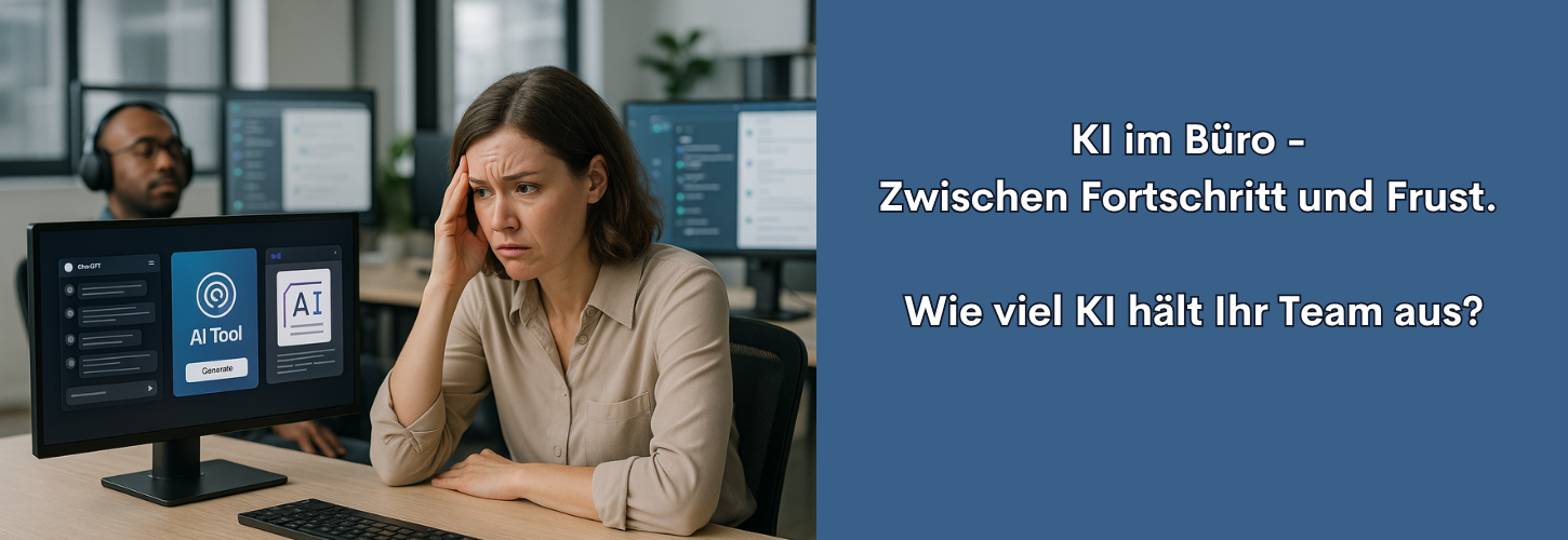 Büroangestellte blickt erschöpft auf ihren Bildschirm, während KI-Tools im Hintergrund arbeiten. Symbolbild für KI im Büro.
