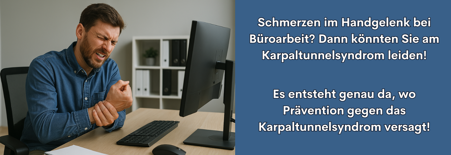Header - Mitarbeiter sitzt am Schreibtisch und hält sich schmerzhaft das Handgelenk. Symbolbild für Karpaltunnelsyndrom im Büro durch schlechte Ergonomie am Arbeitsplatz.