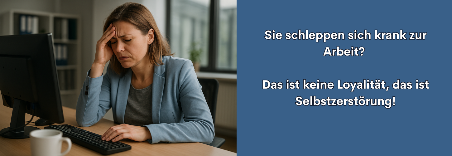 Frau mit schmerzverzerrtem Gesicht sitzt krank zur Arbeit am Schreibtisch und hält sich den Kopf vor Erschöpfung in einem modernen Büro.