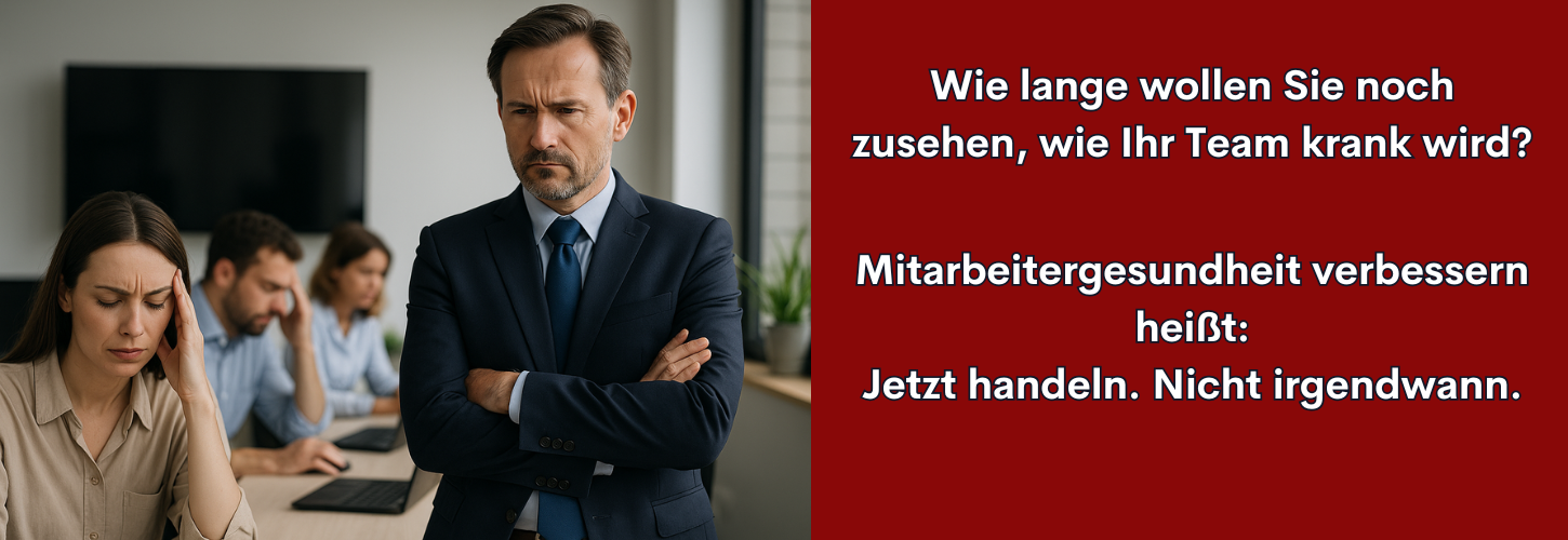 Manager beobachtet nachdenklich sein erschöpftes Team im Büro. Symbolbild für die Notwendigkeit, Mitarbeitergesundheit zu verbessern, bevor Belastung zum Risiko wird.