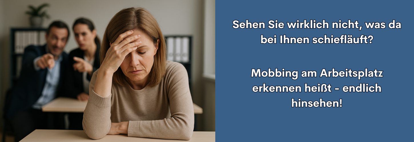 Frau mit verzweifeltem Blick am Arbeitsplatz, im Hintergrund Kollegen mit abwertender Gestik. Symbolbild für Mobbing am Arbeitsplatz erkennen