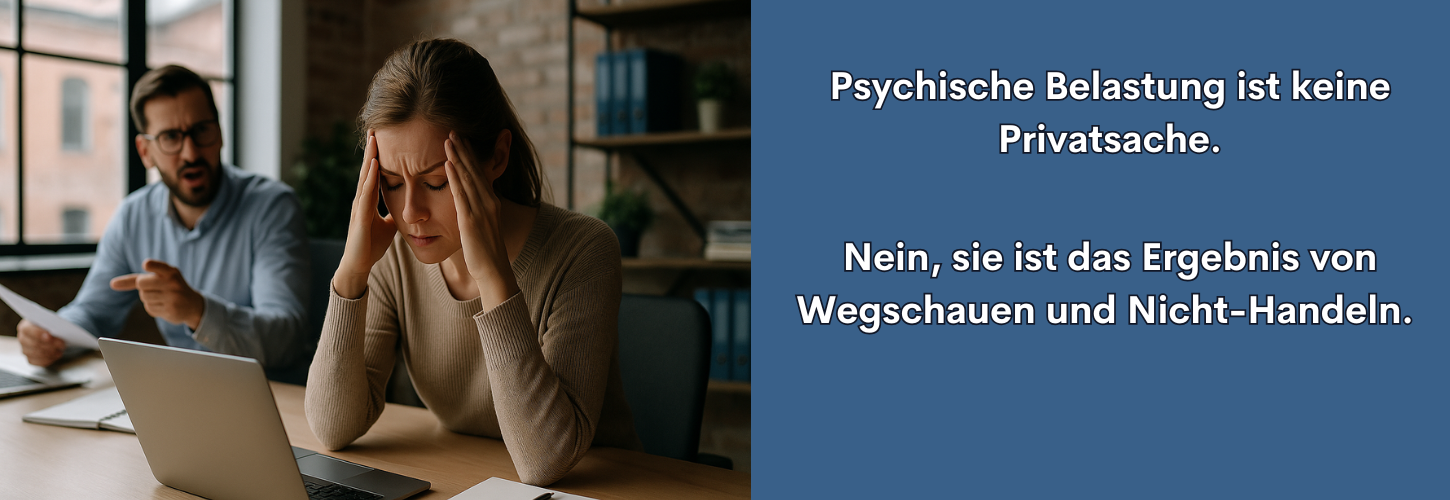 Frau mit sichtbarem Stress am Arbeitsplatz, während ein Kollege im Hintergrund Konflikte verursacht. Symbolbild für psychische Belastung am Arbeitsplatz.
