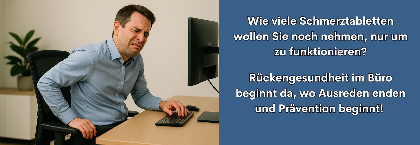 Fotorealistische Darstellung eines überlasteten Büroangestellten mit verkrampfter Sitzhaltung am Arbeitsplatz. Symbolbild für die Volkskrankheit Rückenschmerzen.