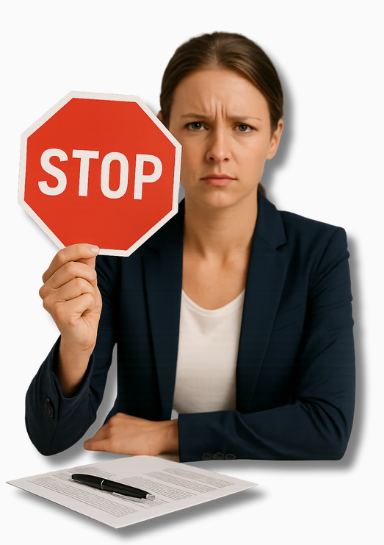 Junge Mutter in Businesskleidung hält ein rotes Stoppschild vor sich und sendet damit ein deutliches Signal für mehr Selbstfürsorge und Grenzen im Alltag – ein starkes Symbol, um die Work-Life-Balance verbessern zu können.