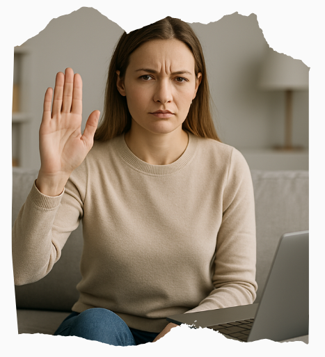 Eine junge Frau sitzt entschlossen auf dem Sofa und hebt die Hand in einem klaren Stopp-Zeichen – das Bild symbolisiert den Wendepunkt, an dem Tipps für mehr Motivation im Job zur bewussten Entscheidung für Selbstfürsorge führen.