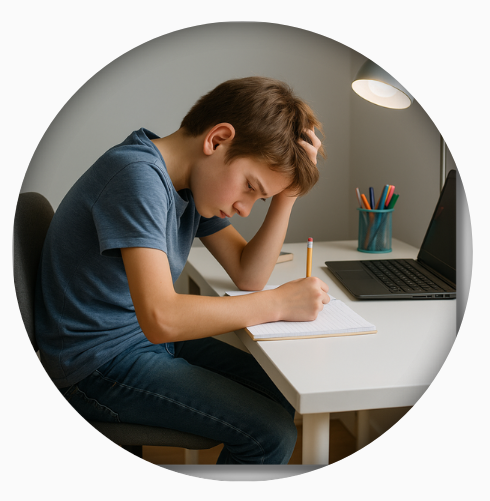 Ein Junge sitzt mit gekrümmtem Rücken am Schreibtisch und macht Hausaufgaben – das Bild zeigt, wie wichtig ergonomische Bedingungen für effektives Lernen ohne Schmerzen sind.
