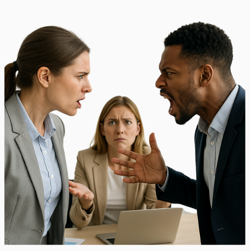 Drei Personen in einer hitzigen Diskussion im Büro, sichtbar emotional angespannt – symbolisches Bild für die Notwendigkeit einer Beratung bei Konflikten im Team
