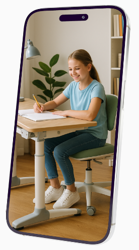 Ein Mädchen sitzt fröhlich an einem ergonomischen Schülerschreibtisch und macht konzentriert Hausaufgaben – das Bild steht für die Bedeutung von durchdachter Ausstattung beim Lernen ohne Schmerzen