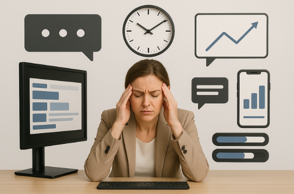Eine gestresste Büroangestellte am Schreibtisch mit Symbolen für digitale Tools und Datenflut – ein Sinnbild für mentale Belastung durch KI im modernen Arbeitsumfeld.