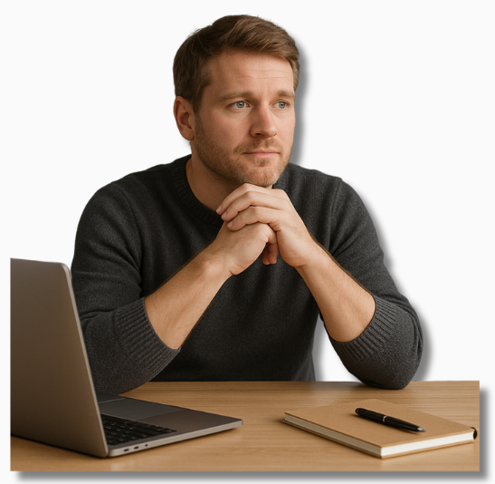 Ein nachdenklicher Mann sitzt ruhig am Schreibtisch mit Laptop und Notizbuch – das Bild symbolisiert die bewusste Entscheidung, mentale Gesundheit stärken zu wollen, durch Reflexion und klare Grenzen im Arbeitsalltag.