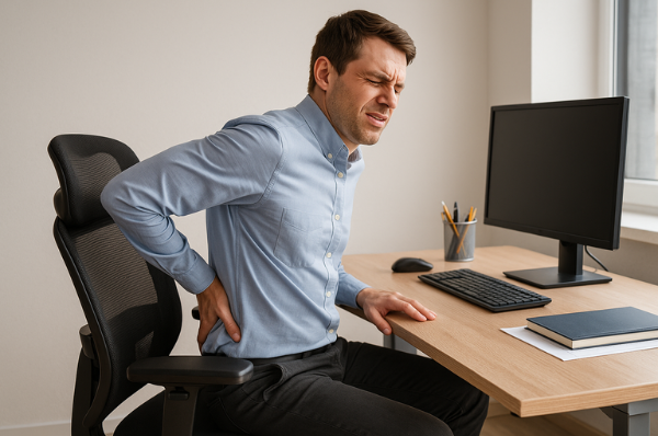 Header - Bewegtes Sitzen fürs Büro: Mann mit Rückenschmerzen am Arbeitsplatz durch falsche Sitzhaltung trotz ergonomischem Bürostuhl.