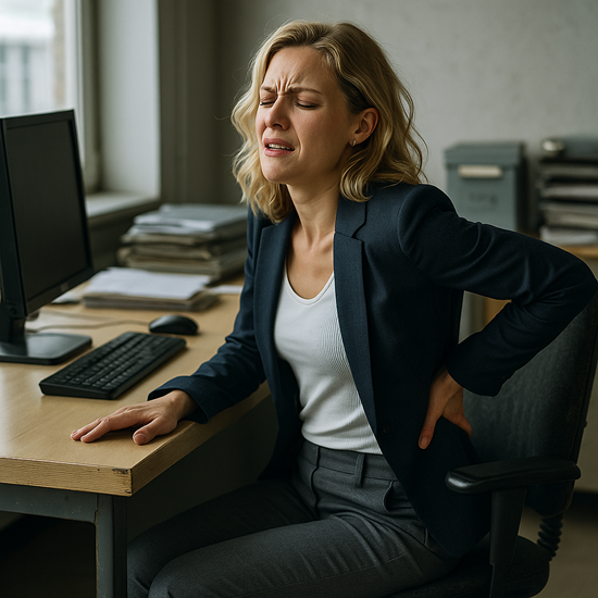 Junge Business Frau mit Rückenschmerzen an einem veralteten Arbeitsplatz in einer Behörde. Symbolbild für die Notwendigkeit einer Ergonomie Beratung für Behörden.