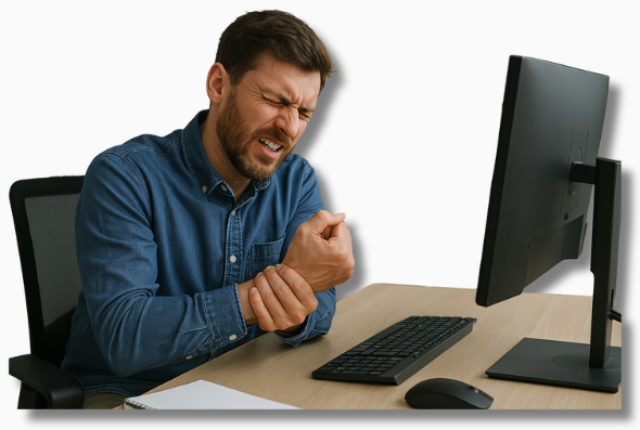 Mobiler Header - Mitarbeiter sitzt am Schreibtisch und hält sich schmerzhaft das Handgelenk. Symbolbild für Karpaltunnelsyndrom im Büro durch schlechte Ergonomie am Arbeitsplatz.