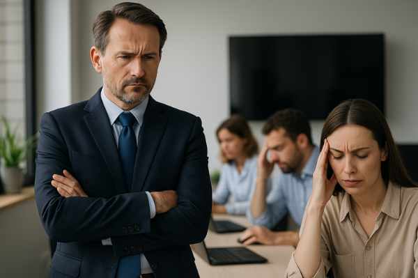 Manager beobachtet nachdenklich sein erschöpftes Team im Büro. Symbolbild für die Notwendigkeit, Mitarbeitergesundheit zu verbessern, bevor Belastung zum Risiko wird.