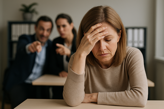 Business Frau mit verzweifeltem Blick am Arbeitsplatz, im Hintergrund Kollegen mit abwertender Gestik. Symbolbild für Mobbing am Arbeitsplatz erkennen