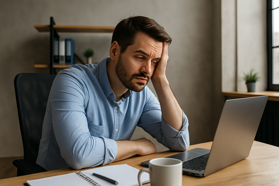 Mann im Büro sitzt erschöpft am Schreibtisch und starrt ins Leere, die Körpersprache zeigt Anzeichen von Resignation und Erschöpfung – Motivationsverlust im Job.