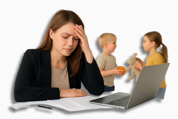 Gestresste berufstätige Mutter sitzt erschöpft am Schreibtisch mit Laptop und Unterlagen, im Hintergrund spielende Kinder. Symbolbild für: viele Menschen dringend ihre Work-Life-Balance verbessern müssen.
