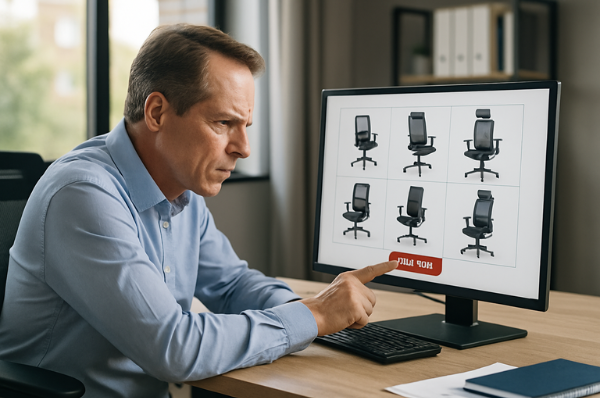 Business Mann sitzt nachdenklich vor Bildschirm mit Auswahl ergonomischer Bürostühle, kurz vor Onlinekauf – symbolisiert Unsicherheit bei Büroausstattung ohne Beratung - Ergonomische Fehlkäufe vermeiden