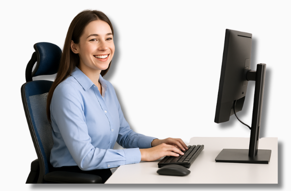 Eine junge Büroangestellte sitzt mit gerader Haltung und einem zufriedenen Gesichtsausdruck an einem ergonomisch eingerichteten Arbeitsplatz – ein Symbol für echte Rückengesundheit im Büro.