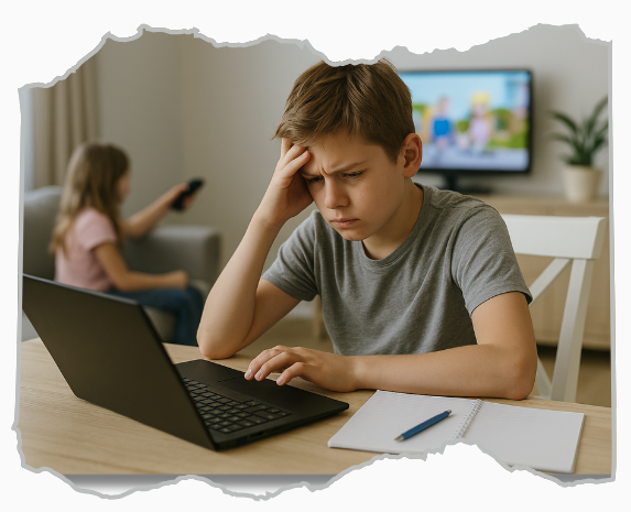 Ein Junge sitzt mit angespannter Haltung am Küchentisch vor einem Laptop, während im Hintergrund ein Fernseher läuft – das Bild zeigt deutlich, wie wenig ein solcher Alltag mit einem ergonomischen Schülerarbeitsplatz zu tun hat