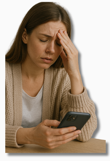 Eine junge Frau sitzt erschöpft auf dem Sofa, hält ihr Smartphone in der einen und die andere Hand an die Stirn – das Bild zeigt eindrücklich den Stress durch Leistungsgesellschaft und die Unfähigkeit, im Privatleben abzuschalten.