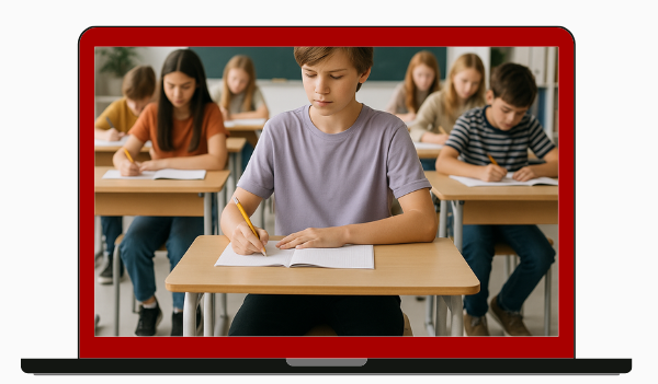Mehrere Kinder sitzen in einer Schulklasse an traditionellen Holztischen – das Bild verdeutlicht die potenziellen Ursachen für Rückenschmerzen bei Kindern durch Schule und unzureichend ergonomische Möbel.