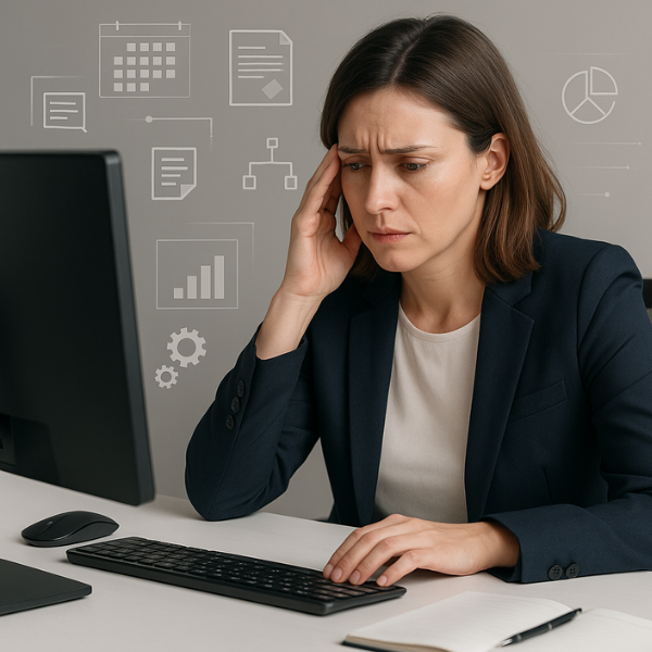 Eine konzentrierte Büroangestellte blickt erschöpft auf ihren Bildschirm, umgeben von digitalen Symbolen – ein realistisches Szenario für die Auswirkungen von KI im Büro auf die mentale Belastung.