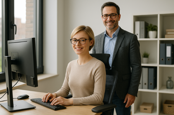 Zufriedene Büroangestellte mit kurzen blonden Haaren und Brille sitzt aufrecht an ergonomischem Arbeitsplatz, im Hintergrund steht ein lächelnder Ergonomieberater – symbolisiert erfolgreiche Beratung und gesunde Büroeinrichtung.