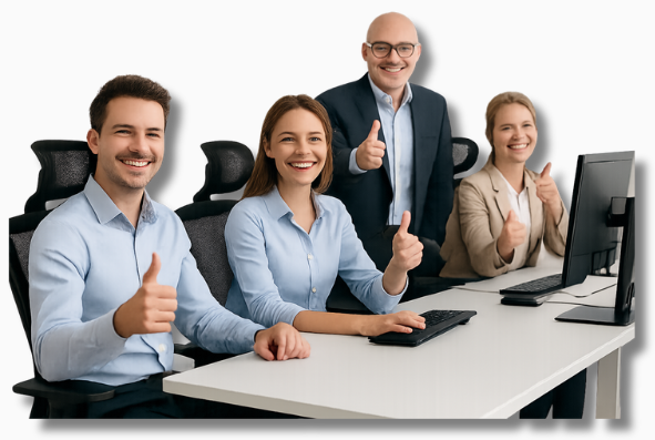 Ein motiviertes Team von Büroangestellten arbeitet konzentriert und gut gelaunt an neuen ergonomischen Arbeitsplätzen – der Nutzen ergonomischer Arbeitsplätze zeigt sich in der positiven Stimmung und aufrechten Sitzhaltung aller Beteiligten.