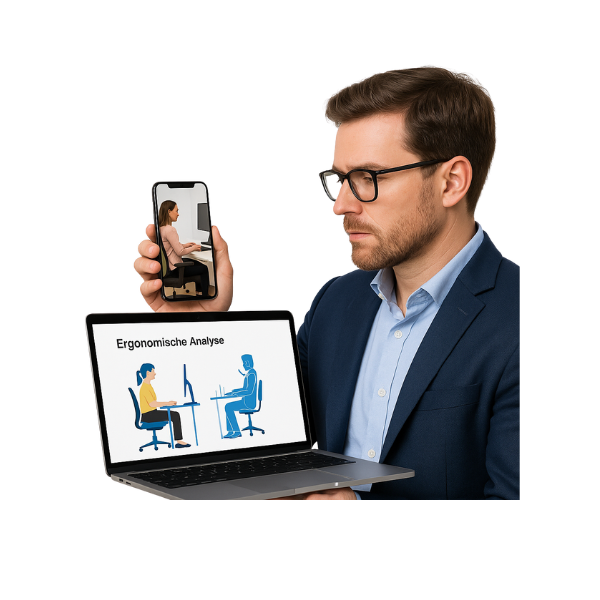 Ein junger Mann in Business-Outfit betrachtet konzentriert ein Smartphone mit einem Arbeitsplatzfoto und hält gleichzeitig einen Laptop mit einer grafischen Auswertung – ein klares Beispiel für Arbeitsplatzanalyse digital.