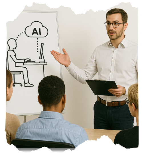 Ein Ergonomie-Berater erklärt einer kleinen Gruppe von Büroangestellten anhand eines Whiteboards den KI-Einsatz in der digitalen Arbeitswelt.