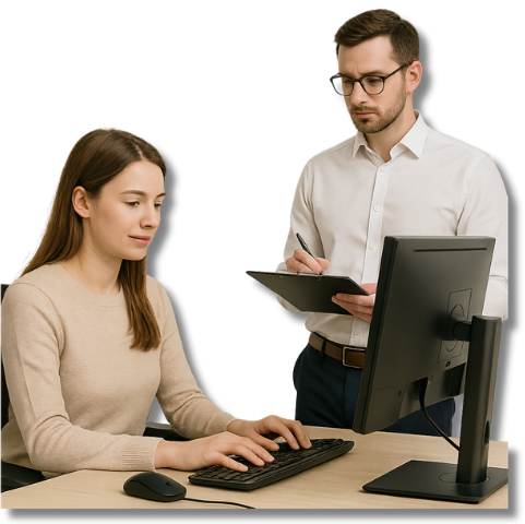 Eine junge Büroangestellte arbeitet konzentriert mit KI am Arbeitsplatz, während ein Ergonomie-Berater im Hintergrund mit einem Klemmbrett ihre Arbeitsweise analysiert.