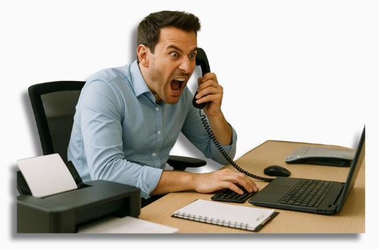 Symbolbild: Digitalstress im Büro. Gestresster Büroangestellter am Schreibtisch