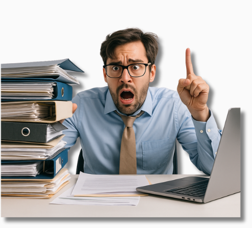 Ein überforderter Büroangestellter sitzt an einem chaotischen Arbeitsplatz mit mehreren geöffneten Laptops, Tablets und Monitoren – eine überzeichnete Darstellung für den falschen Einsatz digitaler Tools im Büroalltag.