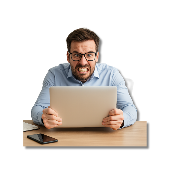 Frustrierter Mann am Laptop mit verkrampfter Haltung und genervtem Gesichtsausdruck, Symbolbild für digitale Überforderung und den Bedarf, Digitalstress reduzieren zu müssen