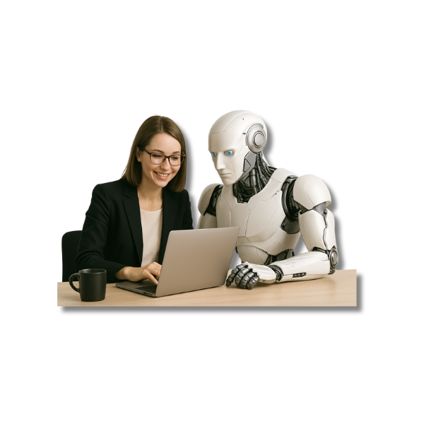 Symbolbild für Blogbeitrag "Ergonomische Transformation" Das Bild zeigt eine junge Büroangestellte arbeitet gemeinsam mit einem humanoiden Roboter an einem Laptop. Ein ausdrucksstarkes Symbol für den Einsatz von EKI am Arbeitsplatz.