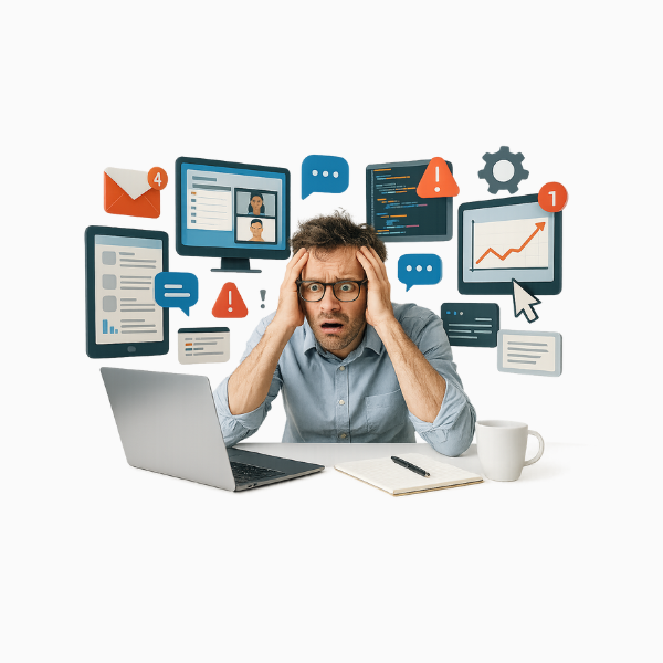 Gestresster Mann vor Laptop mit digitalen Symbolen, sinnbildlich für Überforderung und die Notwendigkeit von Selfcare im digitalen Arbeitsalltag.