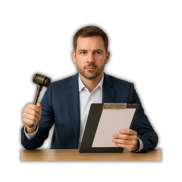 Ein entschlossener Mann im Anzug sitzt am Schreibtisch, hält einen Richterhammer in der einen und ein Klemmbrett in der anderen Hand – ein starkes Bild für digitale Führung in der Verwaltung.