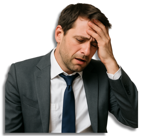 Ein erschöpfter Büroangestellter in Business-Kleidung hält sich frustriert den Kopf – das Bild symbolisiert das Fehlen einer gesunden Arbeitskultur.